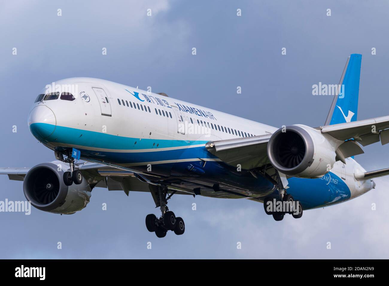 XiamenAir 787 jet airliner plane B-7838 on approach to land at London Heathrow Airport, UK, during COVID 19 lockdown. First cargo flight from China UK Stock Photo
