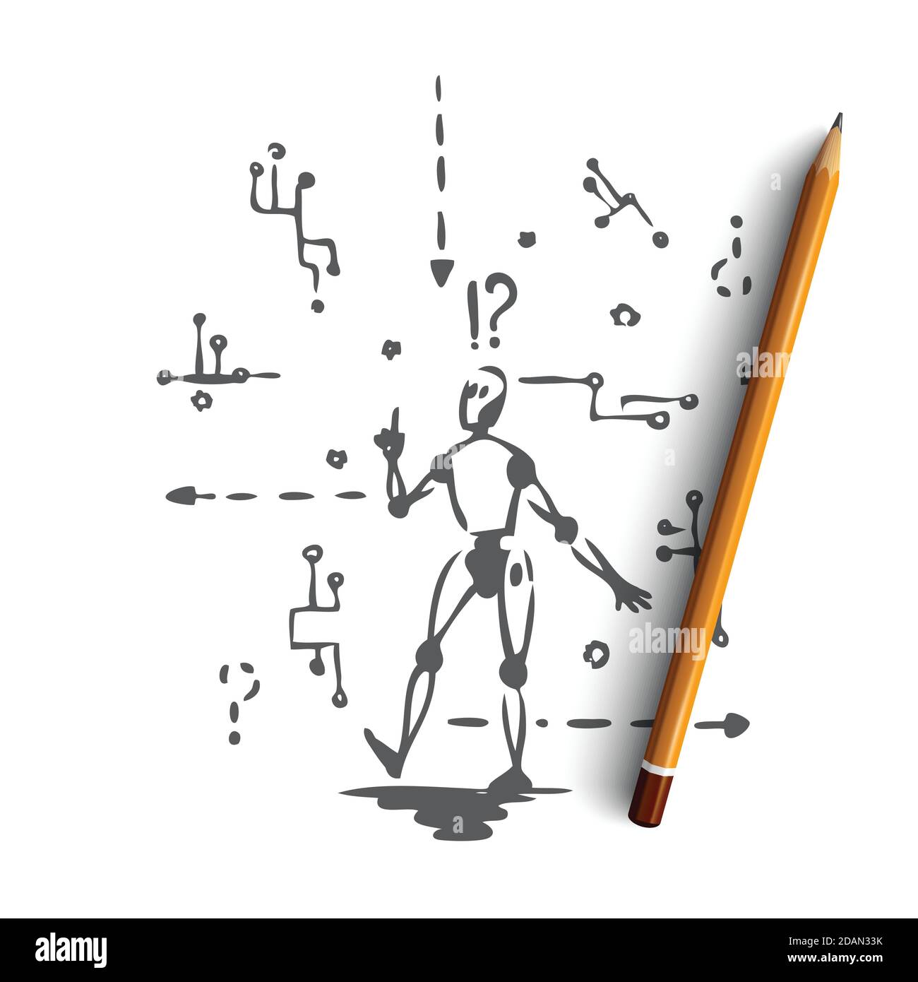 Robot, machine, scheme, microchip, android concept. Hand drawn isolated vector. Stock Vector