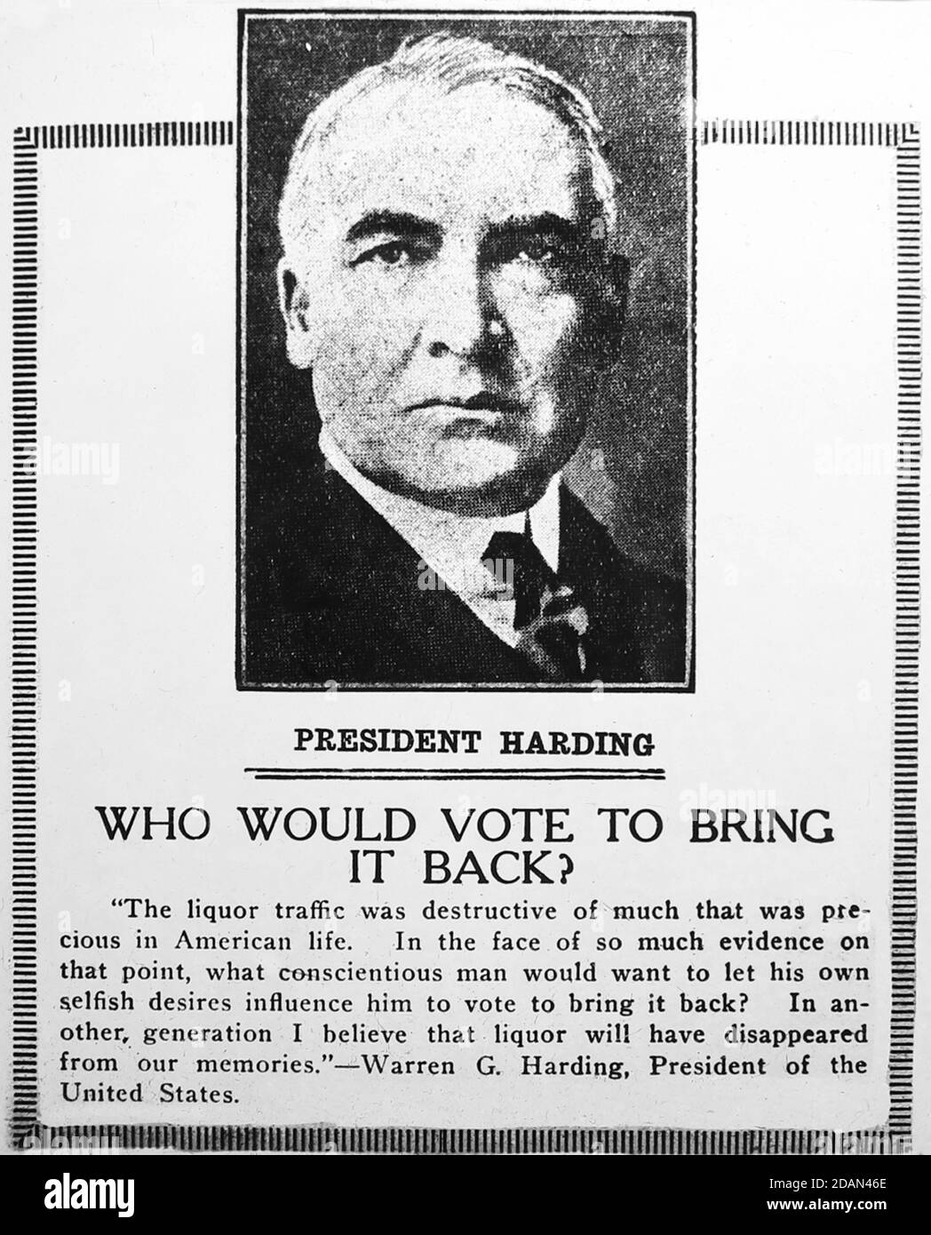 President Harding Prohibition message, probably 1920s Stock Photo