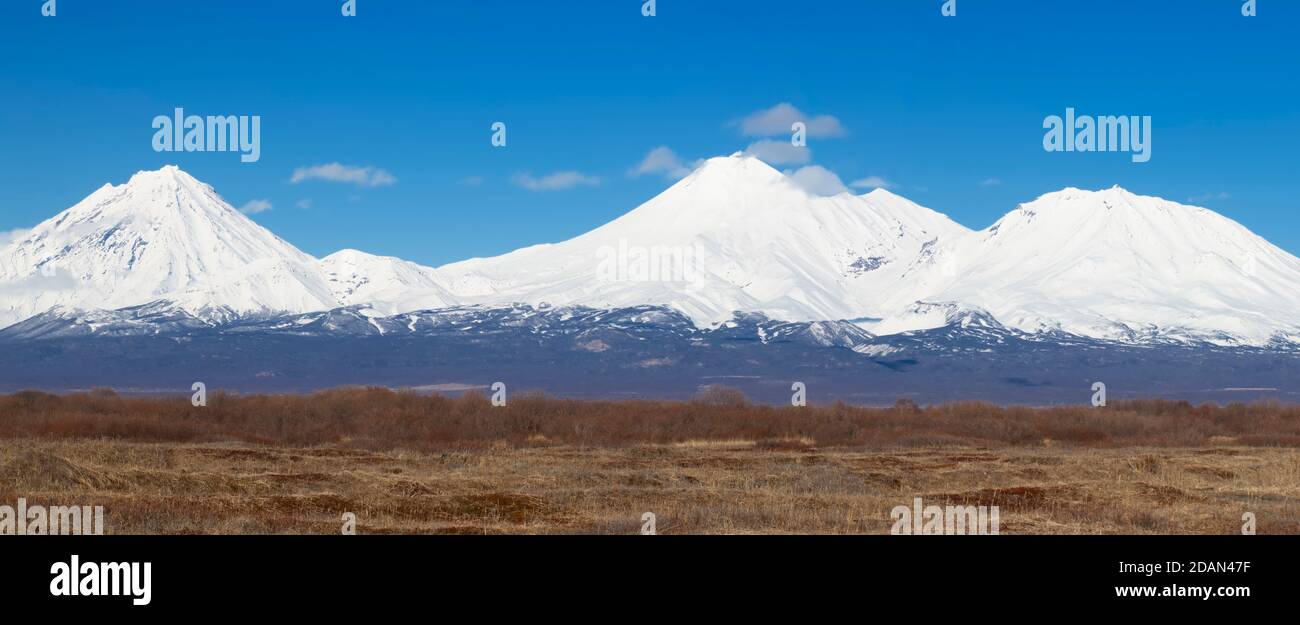 Panorama Koryaksky Avachinsky Kozelsky volcanoes of Kamchatka Peninsula Stock Photo