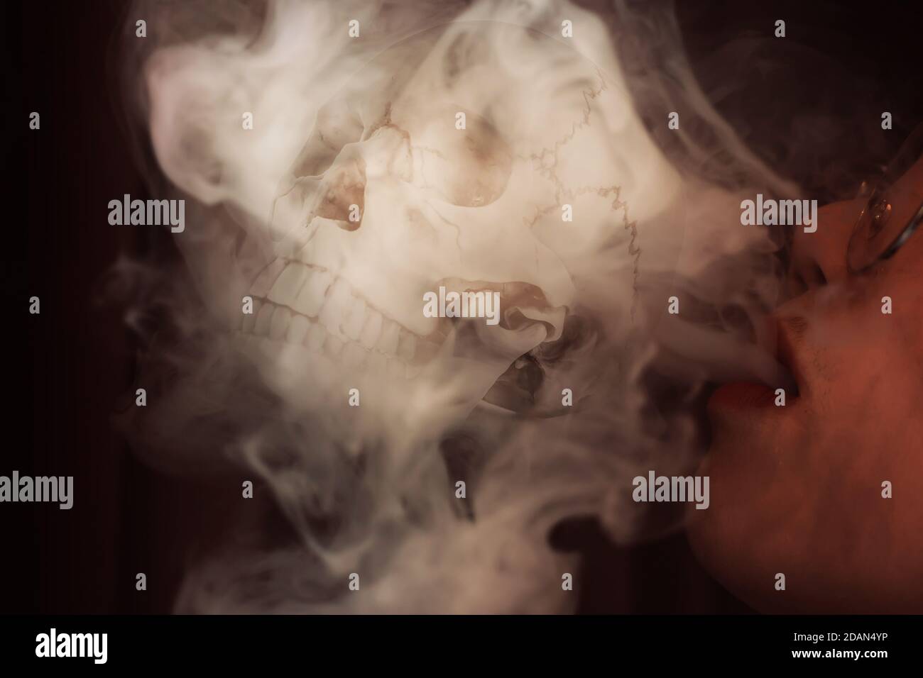 closeup woman smoking release smoke overlay with skull for death with lung cancer disease concept. Stock Photo
