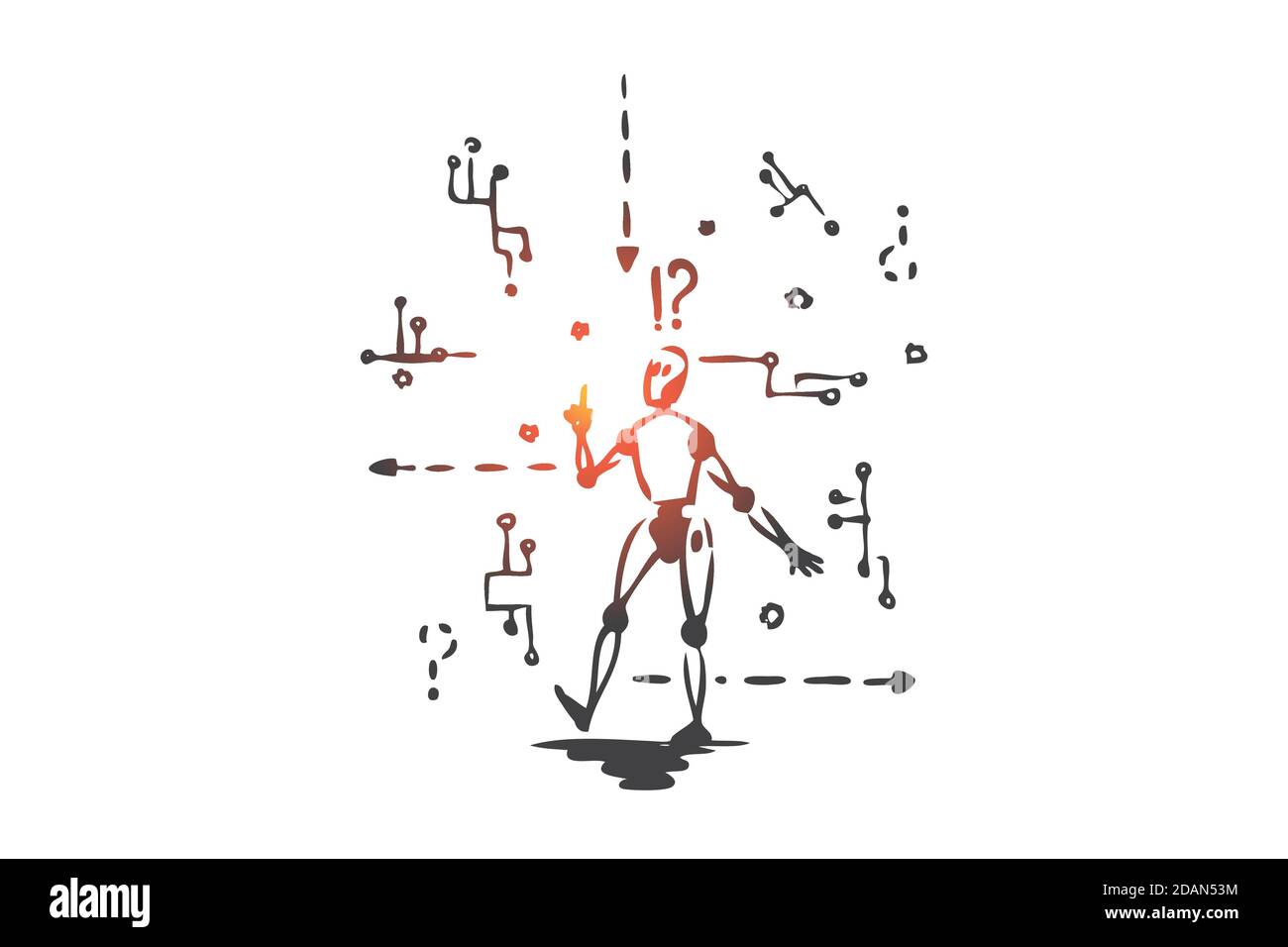 Robot, machine, scheme, microchip, android concept. Hand drawn isolated vector. Stock Vector
