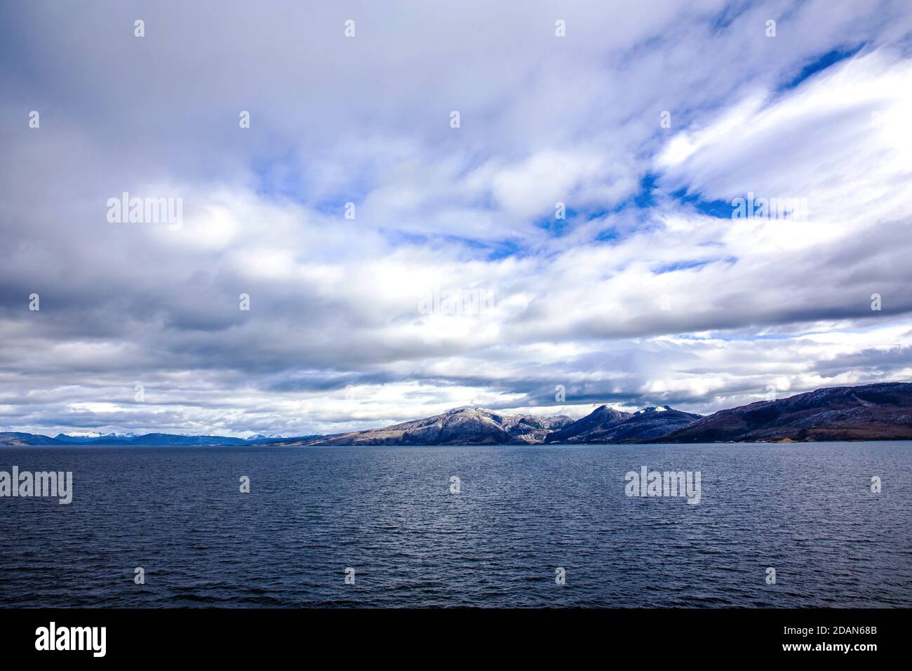View from the cruise ship MS Midnatsol (Hurtigruten) in the fjords of Patagonia with the next stage destination of Garibaldi Fjord. Stock Photo