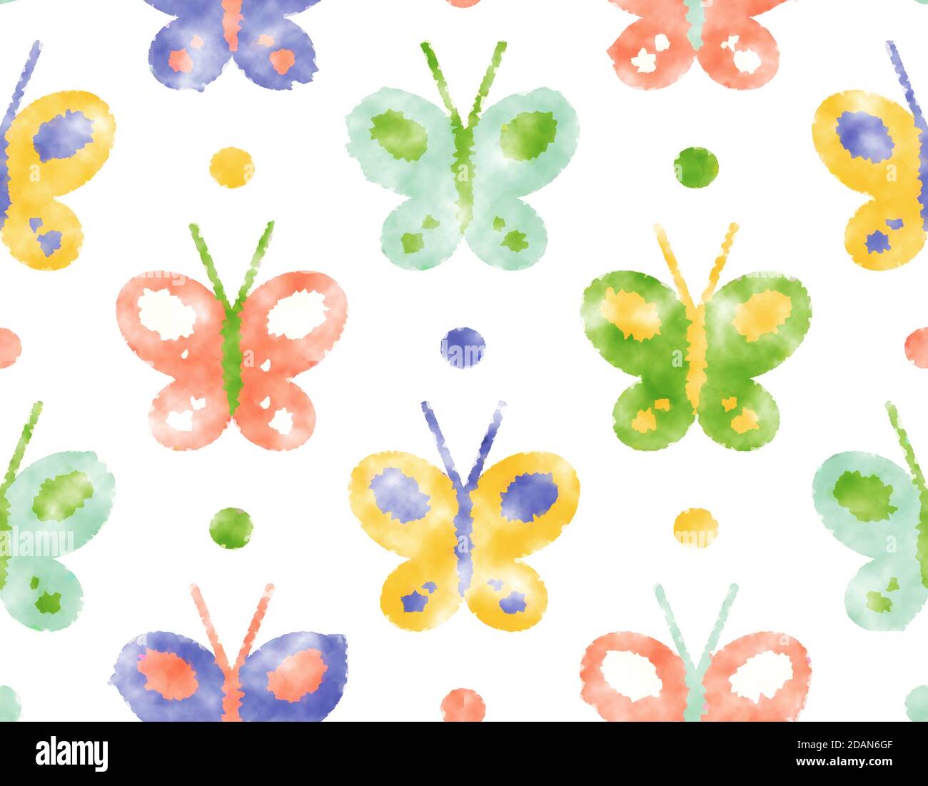 Vintage seamless pattern with colorful butterflies in watercolour style. Retro seamless set patterns with butterfly for kids watercolor style. Stock Photo