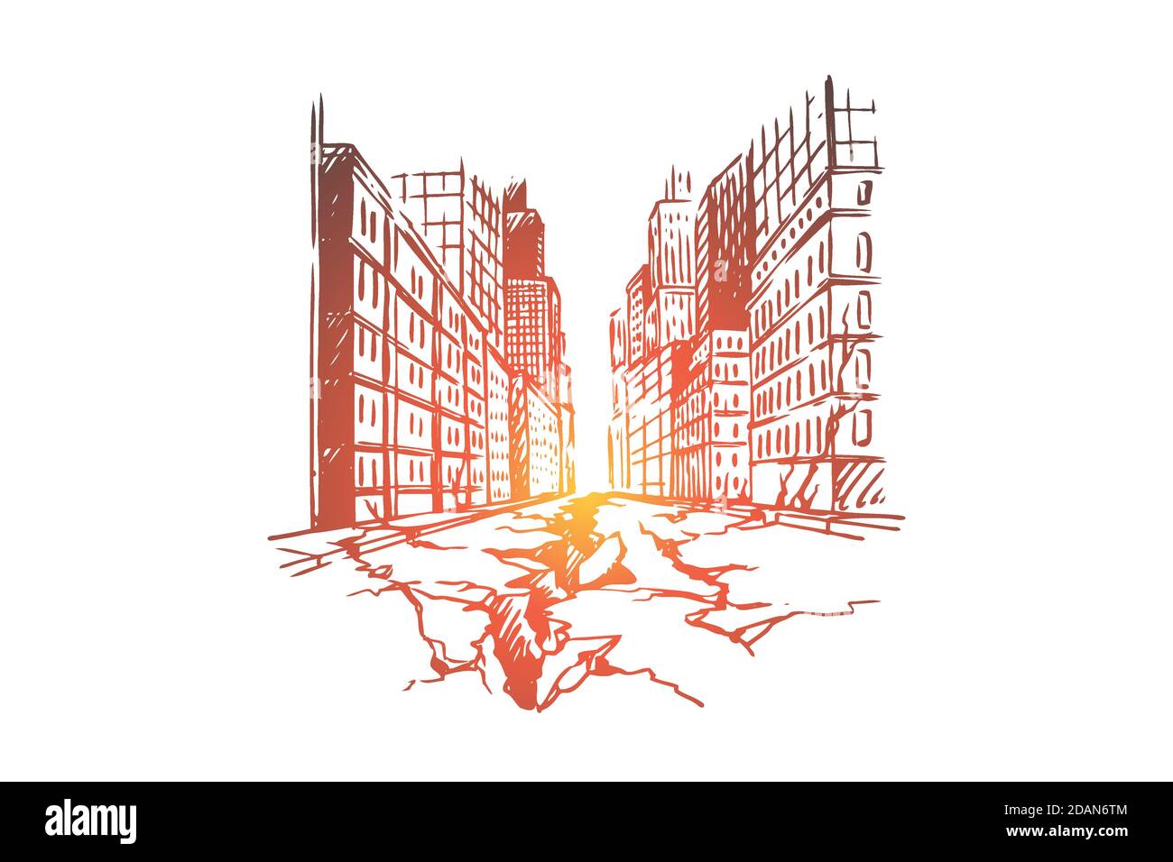 Earthquake, city, disaster, damage, danger concept. Hand drawn isolated vector. Stock Vector