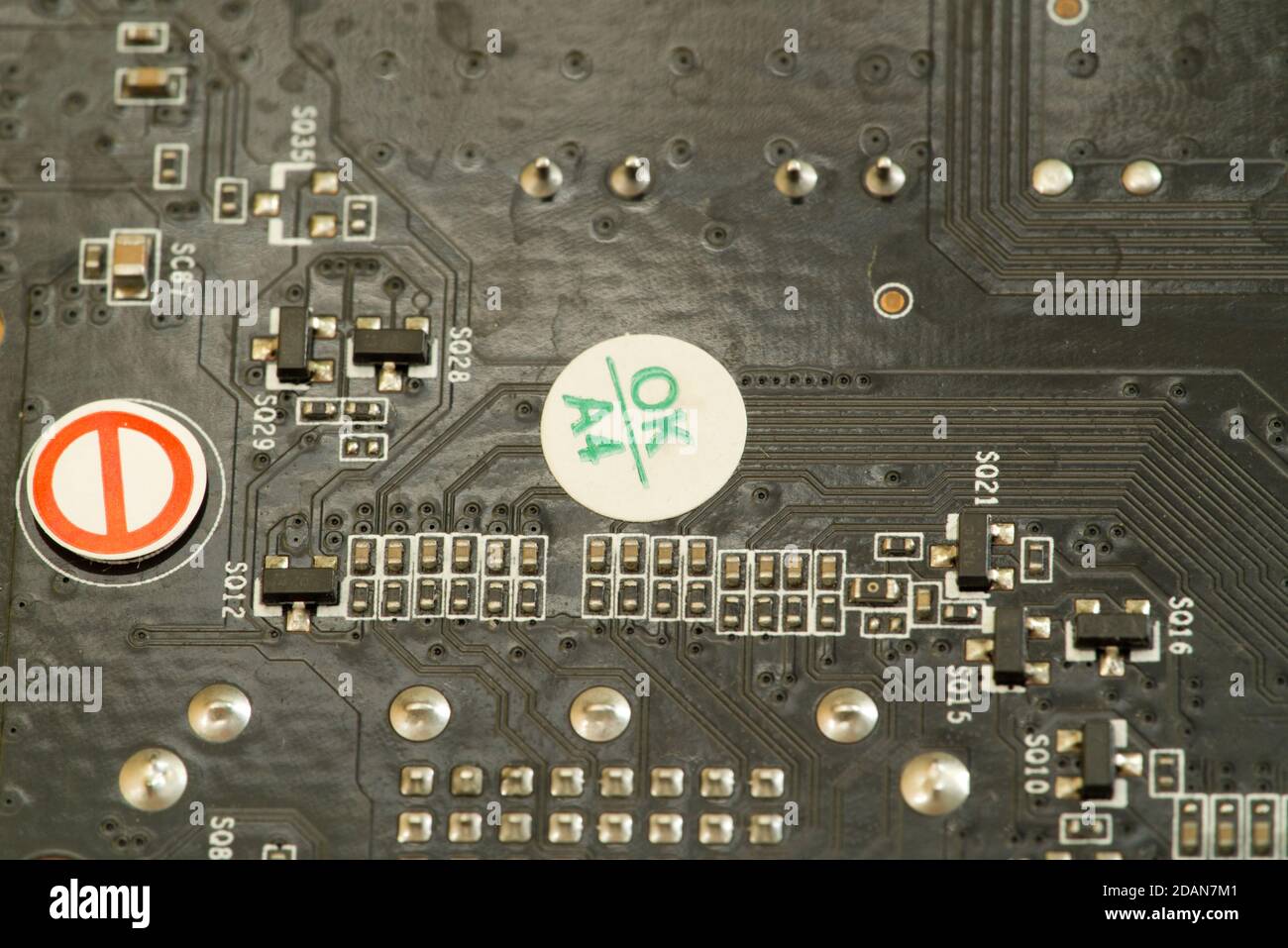 various chips on a textolite video card board for a modern desktop computer Stock Photo