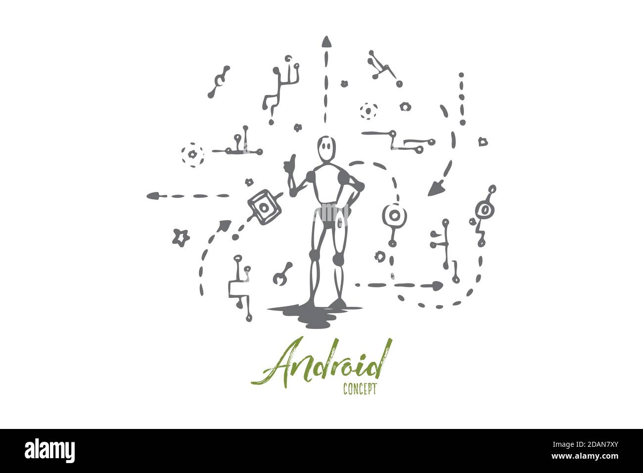 Scheme, machine, robot, technology, android concept. Hand drawn isolated vector. Stock Vector