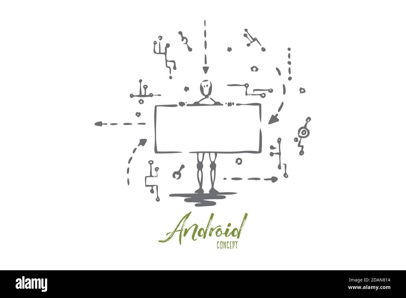 Technology, robot, scheme, android, data concept. Hand drawn isolated vector. Stock Vector