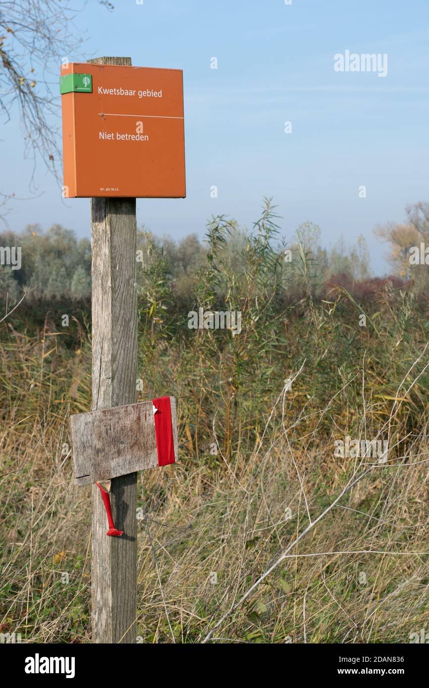 sign for a vulnerable area of forestry management in the ooijpolder Stock Photo