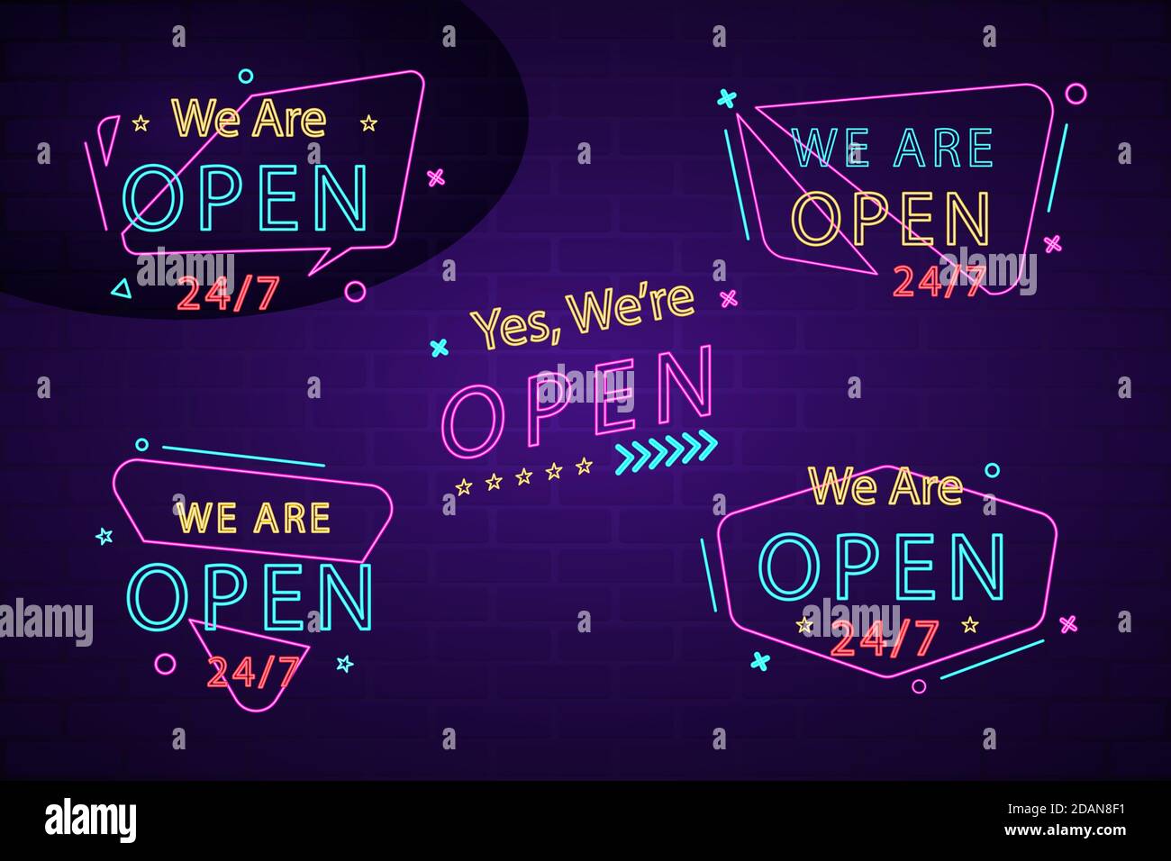 We are open - neon sign collection Vector illustration Stock Vector