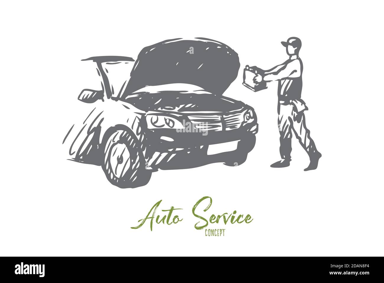 Auto, disassembly, repair, service, mechanic concept. Hand drawn ...