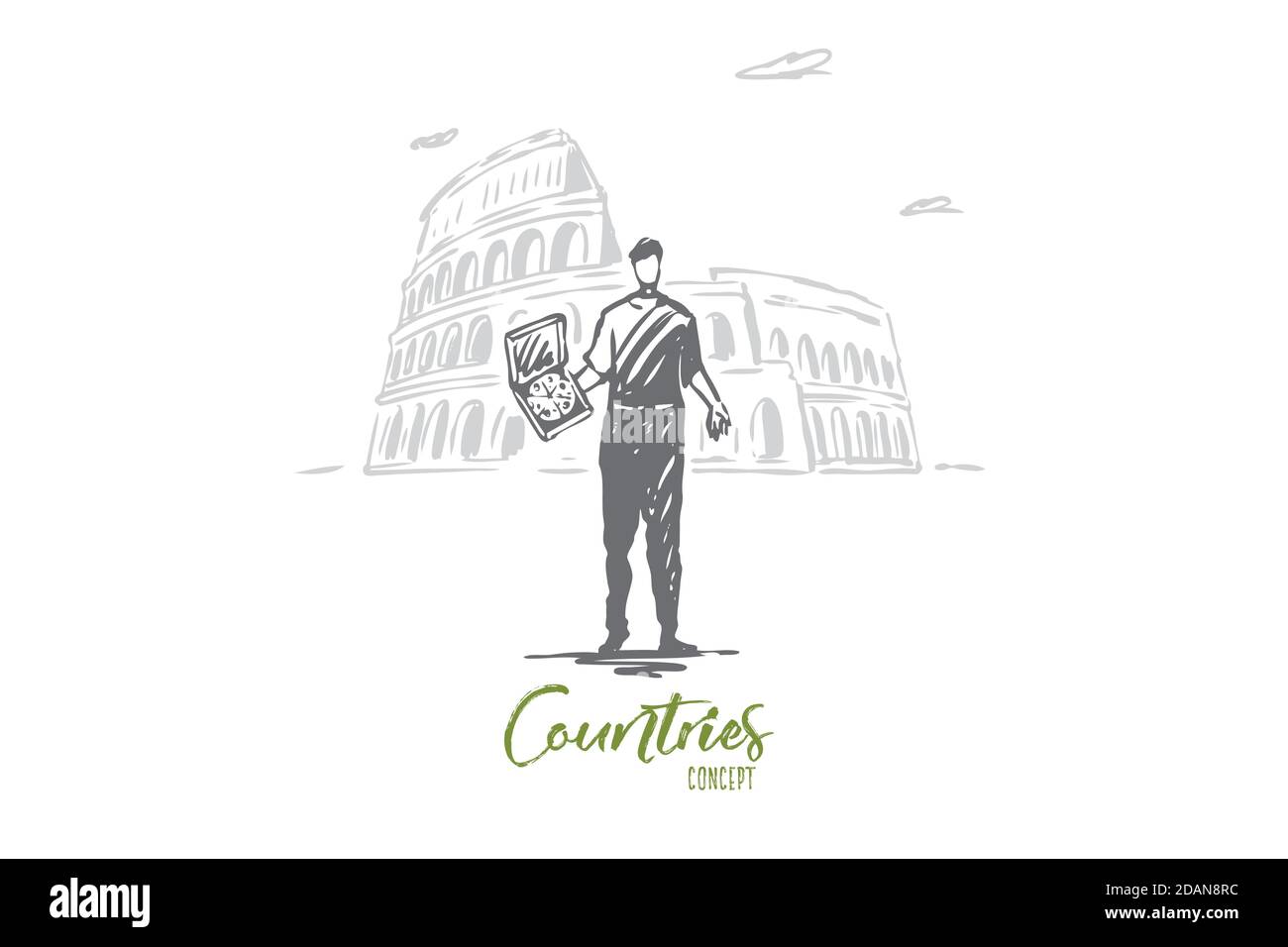Italy, country, pizza, Colosseum, Rome concept. Hand drawn isolated vector. Stock Vector