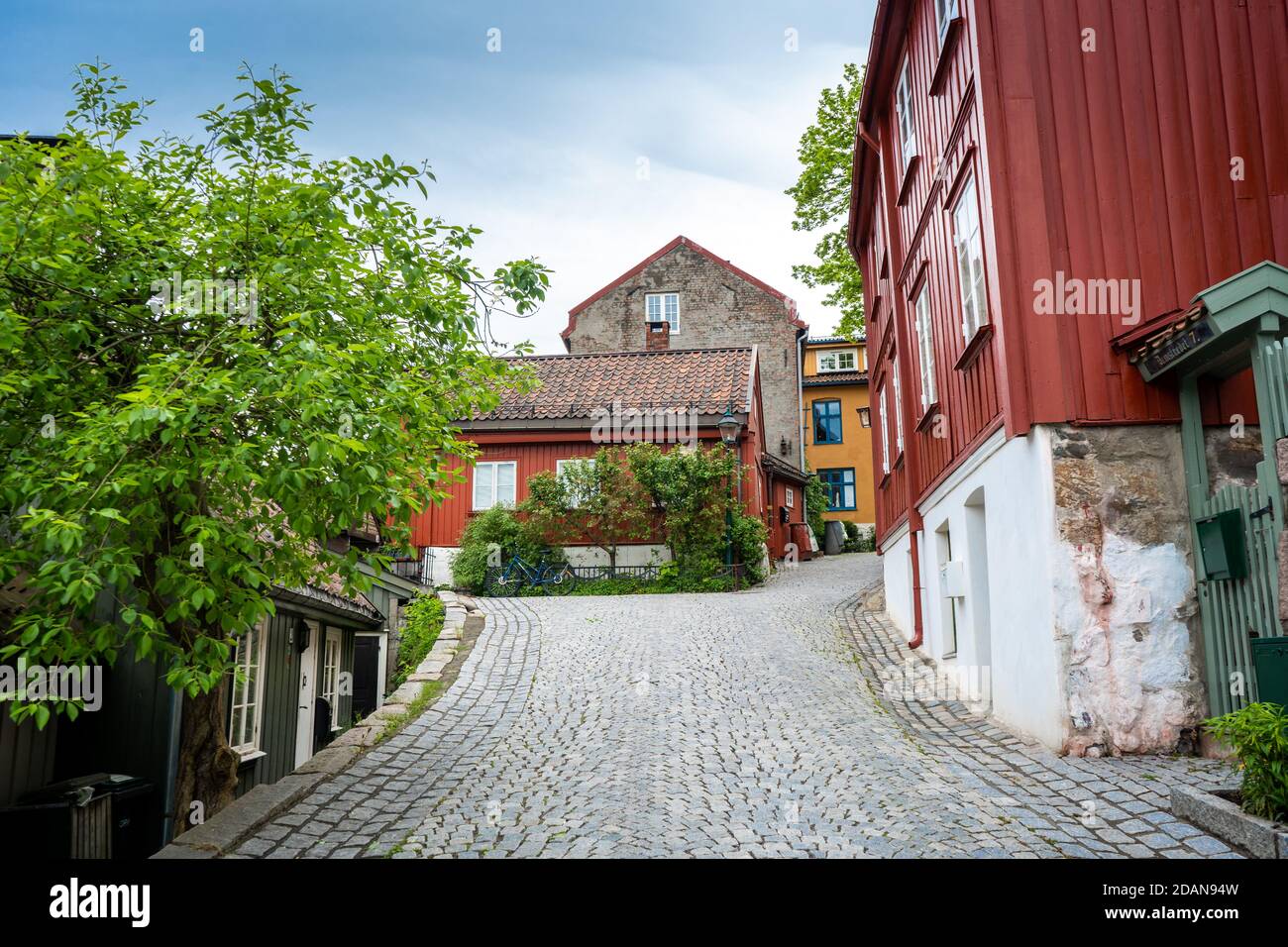 street in old cozy village in norway Stock Photo