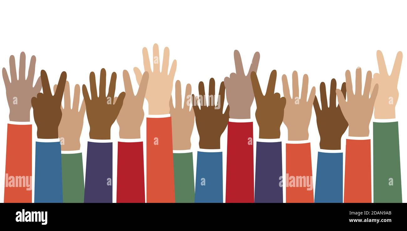 raised hands in different skin colors peace concept isolated on white ...