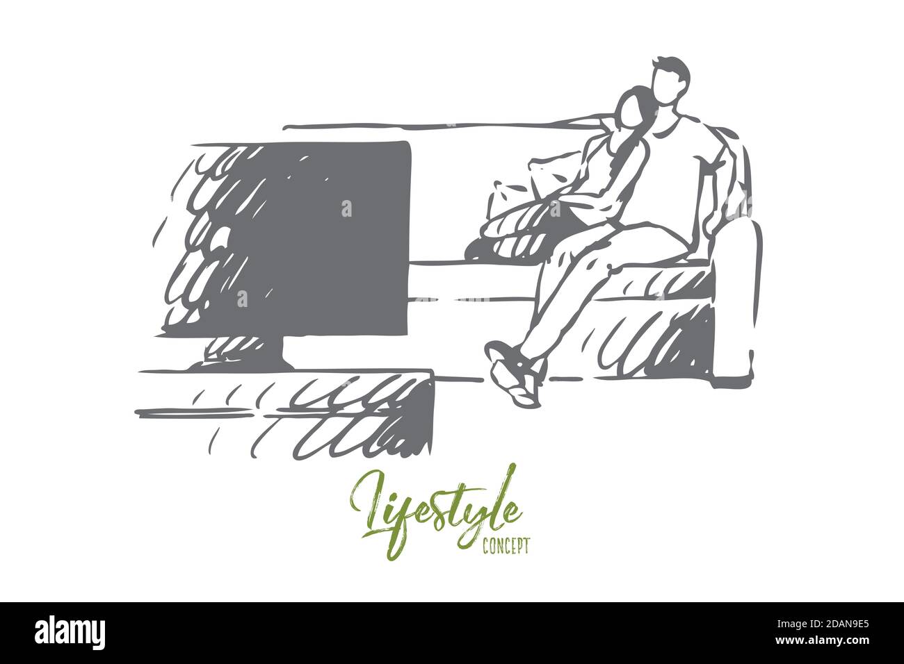 Home, cinema, couple, movie, relax concept. Hand drawn isolated vector. Stock Vector