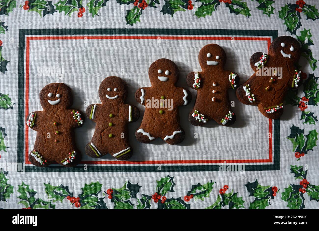 Homemade festive gingerbread cookies, isolated on white background with holly leaf border Stock Photo