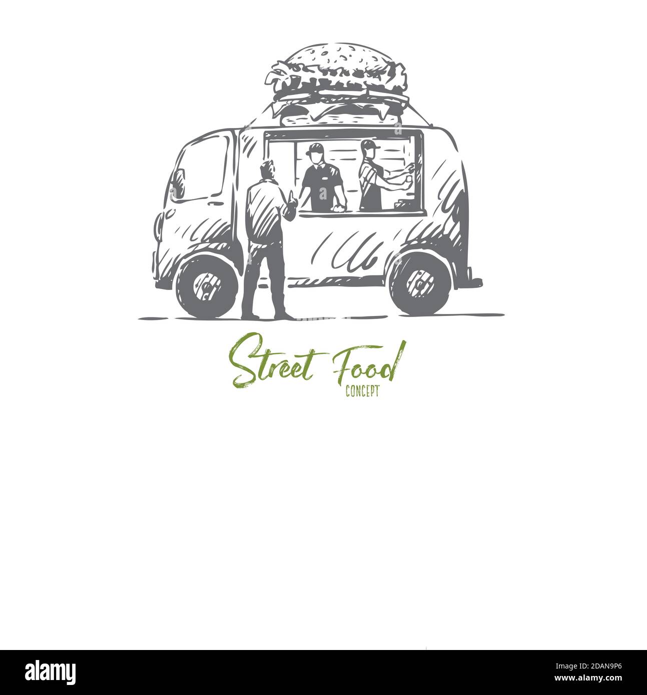 Burger, car, fast food, shop, truck concept. Hand drawn isolated vector. Stock Vector
