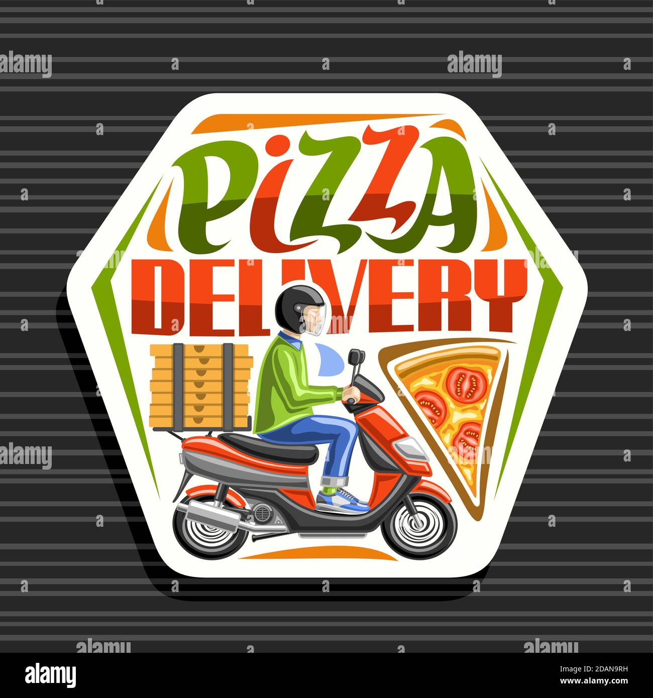 Vector logo for Pizza Delivery, white sticker with illustration of