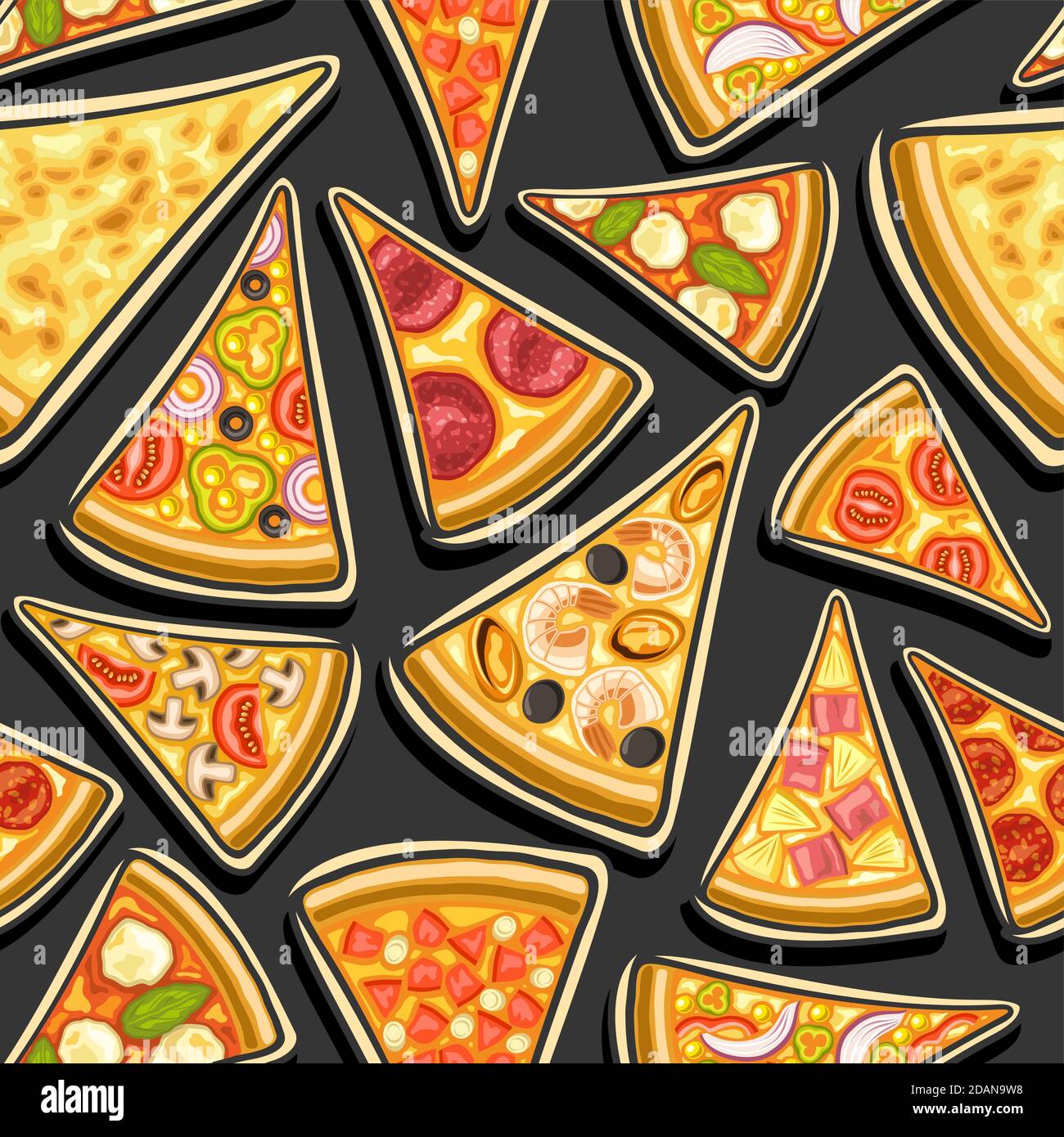Vector Pizza Seamless Pattern, square repeating pizza background, group of  cut out illustrations of flat lay triangle pizza slices of assorted types o  Stock Vector Image & Art - Alamy