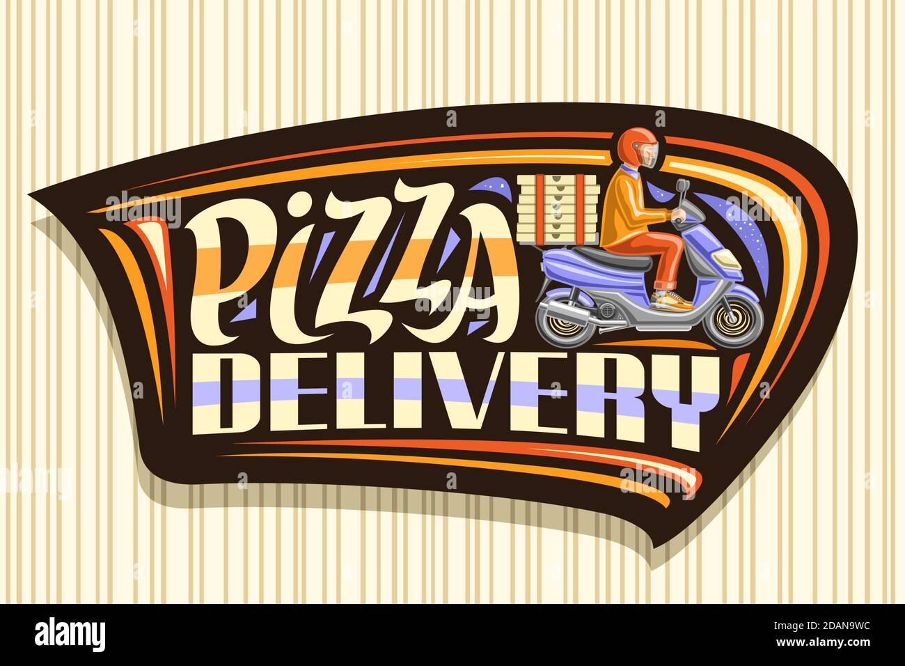 Vector logo for Pizza Delivery, dark badge with cartoon courier in