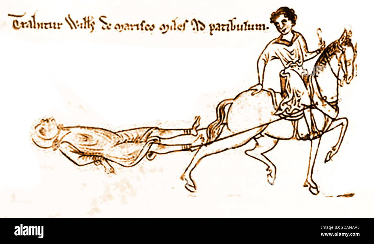 A 13thC  illustration showing Sir William de Marisco (William Marsh) circa 1200 - 1242, being drawn to the gallows by a man on horseback. On July 25th 1242 the knight, outlaw, and pirate William de Marisco was drawn by a horse to Coventry  to be hung, drawn and quartered  after murdering a King's messenger ( Henry Clement) and  being implicated in a plot against Henry III.. Though his home was Coonagh Castle, County Limerick , Ireland, he fled to the Isle of  Lundy Island in the Bristol Channel (once owned by  the Knights Templar Order. Stock Photo