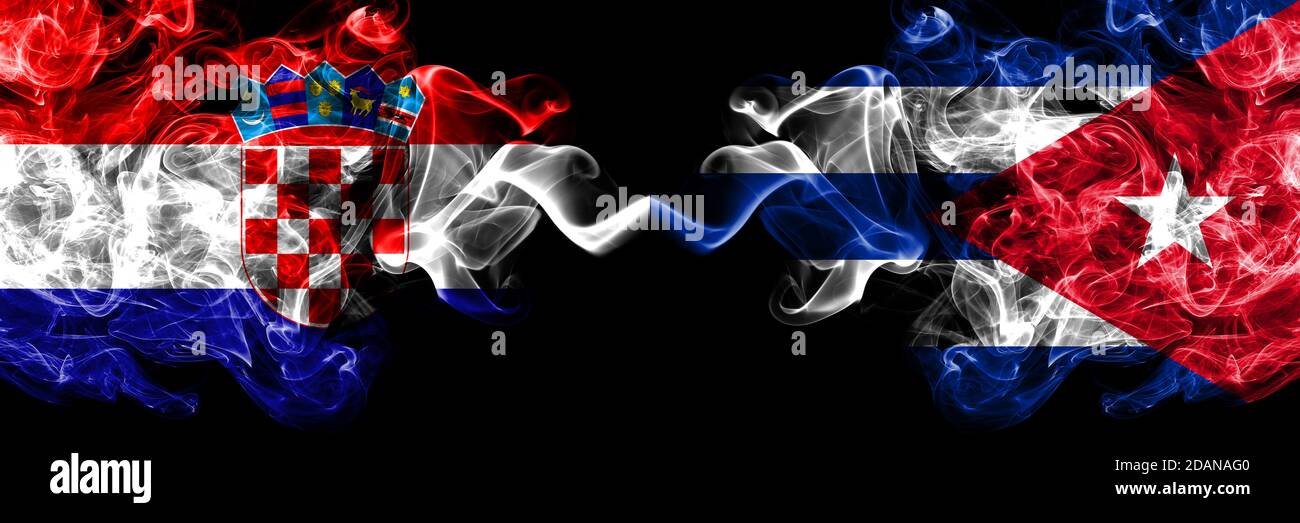 Croatia, Croatian vs Cuba, Cuban smoky mystic flags placed side by side. Thick colored silky abstract smoke flags. Stock Photo