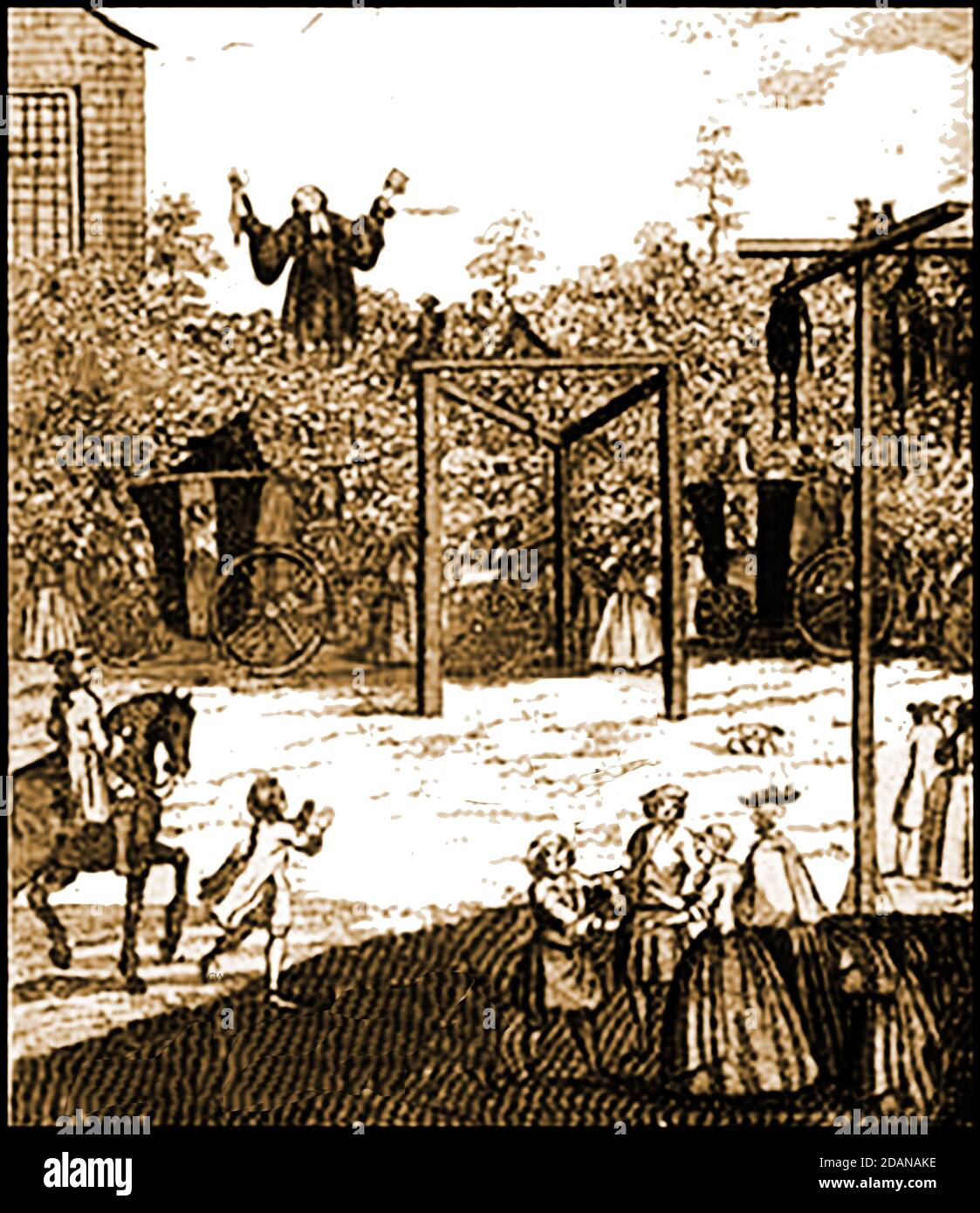 A clergyman (Reverend M Whitfield) preaching near the gibbets on Kinnington (Kennington) Common in 1748, otherwise known as The Surrey Gallows. It was the  South London equivalent of Tyburn. The area was common land mainly within the London Borough of Lambeth. As well as executions, it was  one of the earliest venues for cricket The common was also used for  fairs and other public events Stock Photo