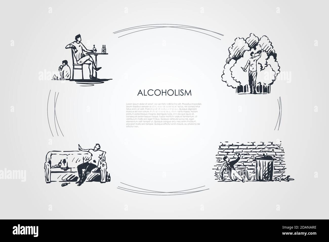 Alcoholism - men drinking alcohol at home and on street outdoors vector concept set Stock Vector