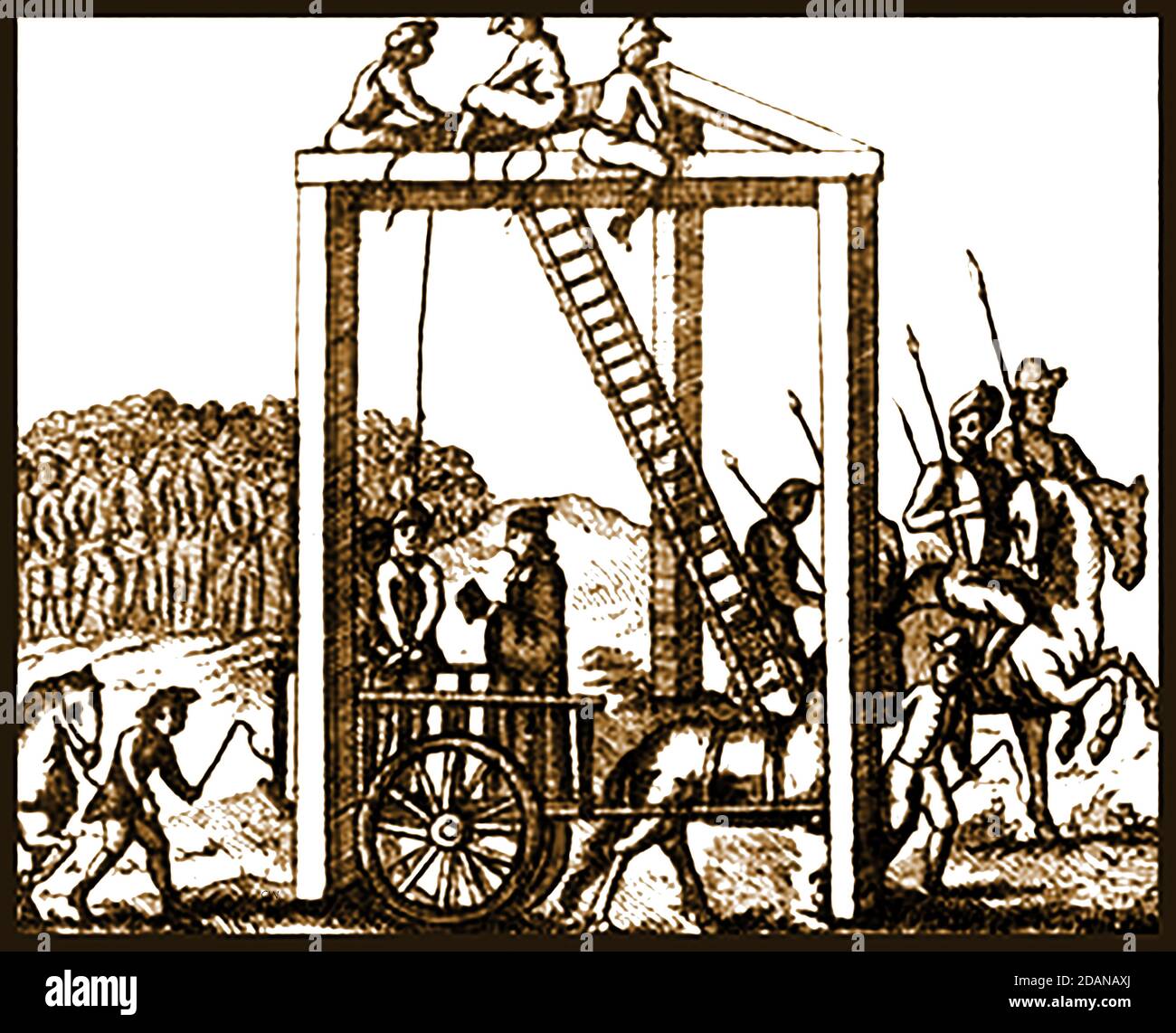 A late 17th century engraving of a hanging taking place on a 'Triple Tree' gibbet in England ('Tyburn Tree') Stock Photo