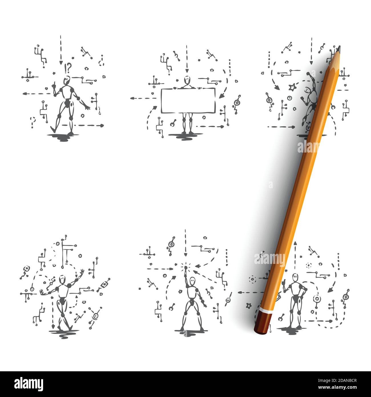 Android - robots with android scripts vector concept set Stock Vector