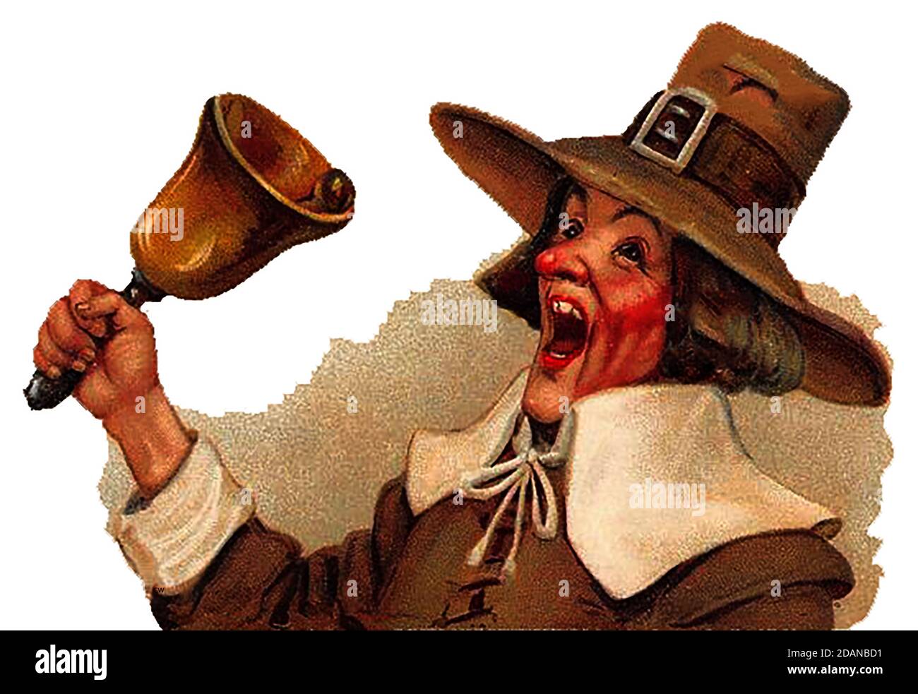 An old image of a traditional town crier, announcer or bellman (from a 1913 postcard).They were originally an officer of a royal court or public authority who made public announcements, pronouncements  or related items of news, events or advertising, (e.g, lost animals & children, weddings, public sales or official gatherings) In later years, some men (occasionally women) were appointed / approved by councils or took it upon themselves to take part in the role, often in distinctive costumes and ringing a bell to attract attention acompamied by the cry 'Oyez' or 'Hear Ye ' three times. Stock Photo