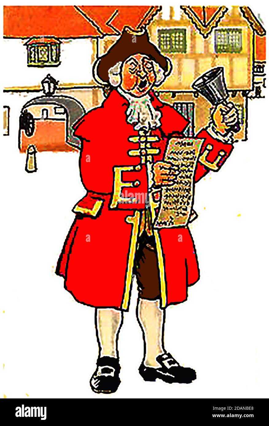 An old image of a traditional town crier, announcer or bellman (from a 1924 postcard).They were originally an officer of a royal court or public authority who made public announcements, pronouncements  or related items of news, events or advertising, (e.g, lost animals & children, weddings, public sales or official gatherings) In later years, some men (occasionally women) were appointed / approved by councils or took it upon themselves to take part in the role, often in distinctive costumes and ringing a bell to attract attention acompamied by the cry 'Oyez' or 'Hear Ye ' three times. Stock Photo