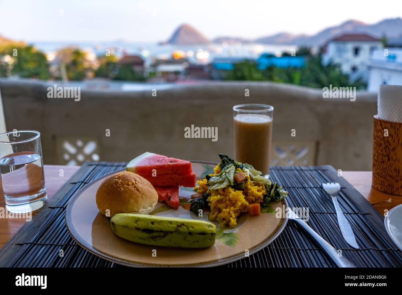 breakfast in the restaurant with nice view Stock Photo