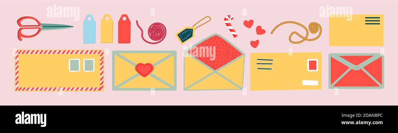 Post card and envelope set. Isolated hand-drawn postal cards and envelopes with post stamps. Modern collection of love and friendship letter designs Stock Vector