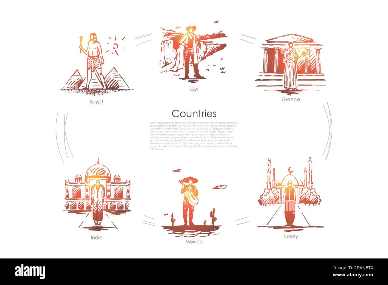 Countries Egypt, Greece, USA, Turkey, Mexico, India vector concept