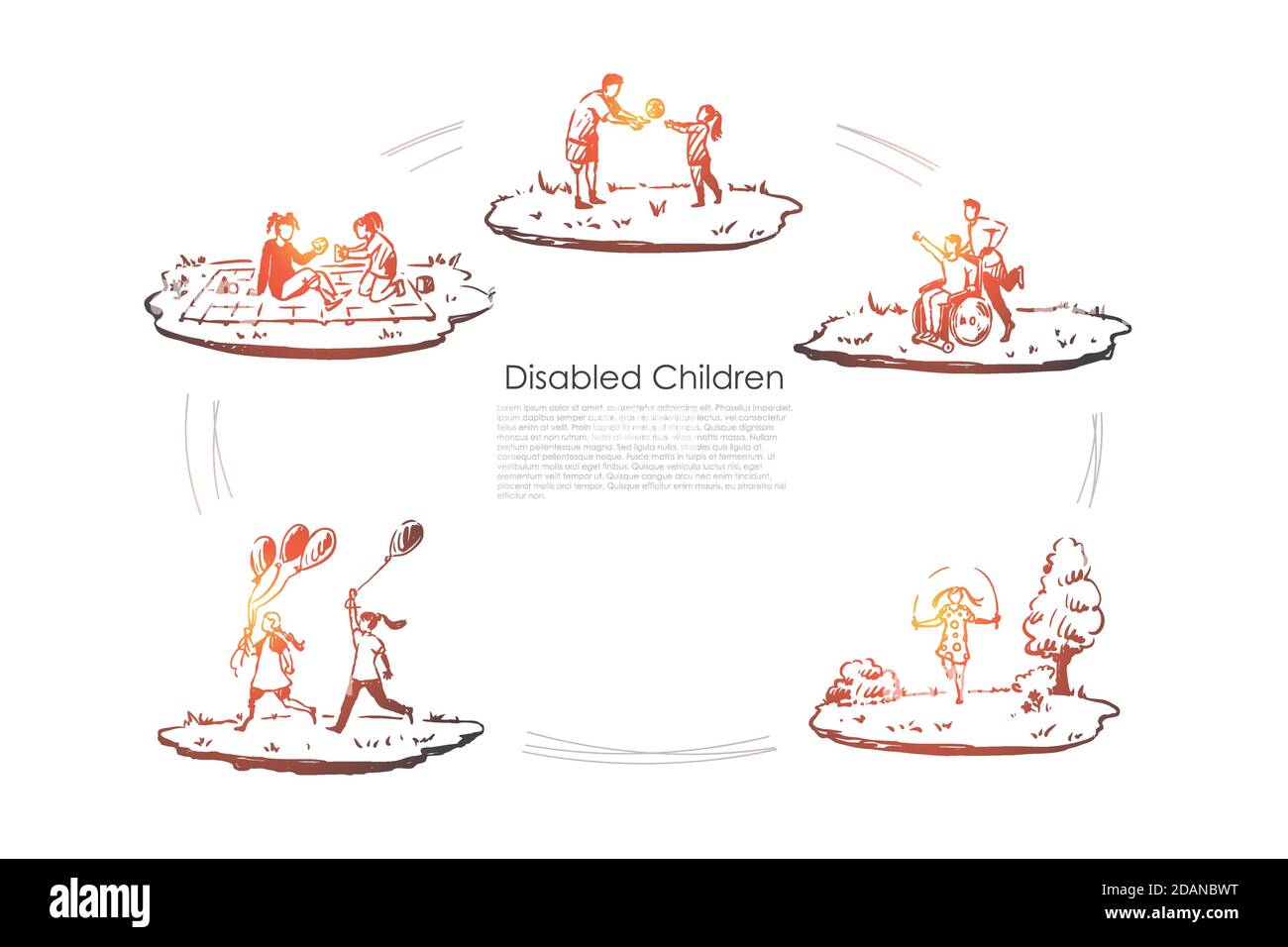 Disabled children - children without legs or arms playing with friends on street vector concept set Stock Vector