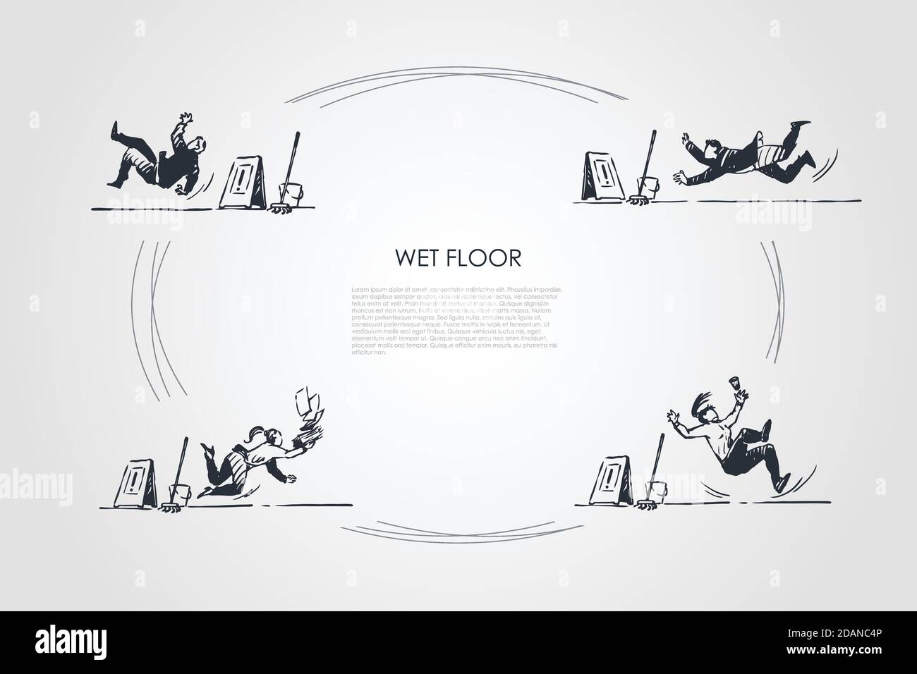 Wet floor - people falling down on wet floor with special sign vector concept set Stock Vector