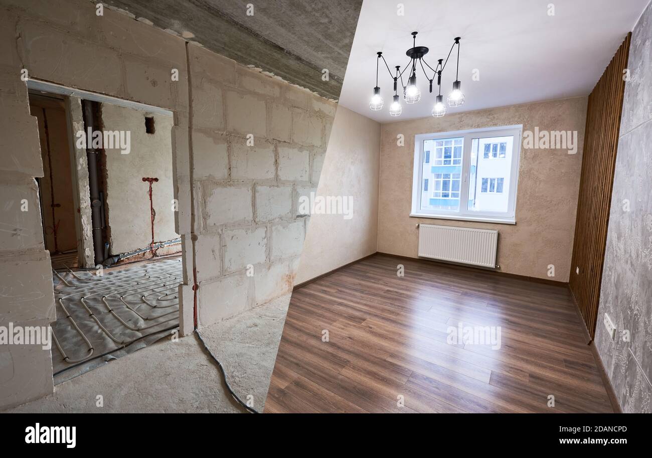 Empty room before and after repairs. Spacious light room with modern wood laminate and chandelier vs empty doorway with a view to another unfinished room. Concept of home restoration and renovation Stock Photo