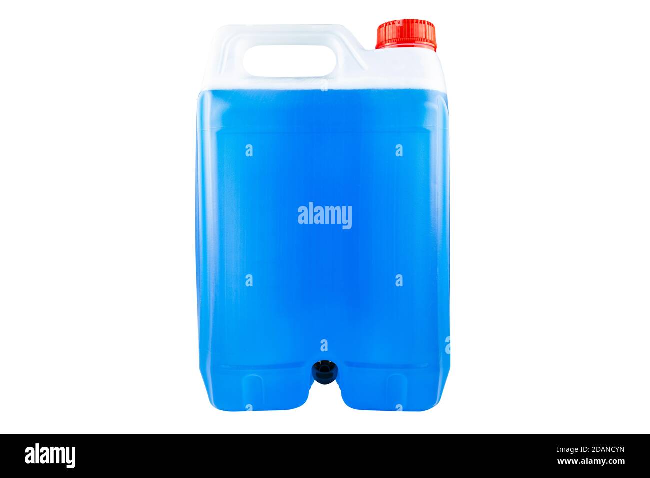 Winter blue windshield washer fluid in a five liter bottle, closed with a red cap and with a funnel at the bottom, isolated on a white background with Stock Photo