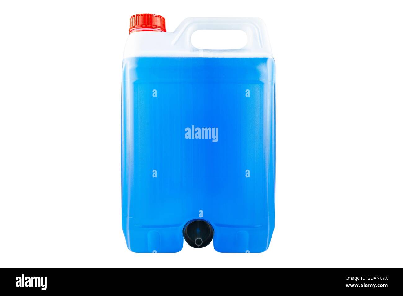 Winter blue windshield washer fluid in a five liter bottle, closed with a red cap and with a funnel at the bottom, isolated on a white background with Stock Photo