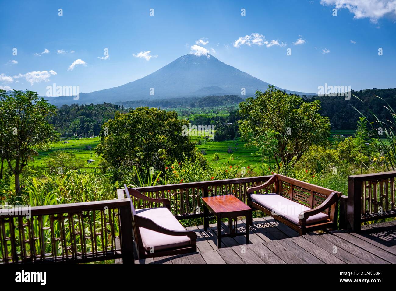 table and chairs on the terrace with view on mountain Stock Photo