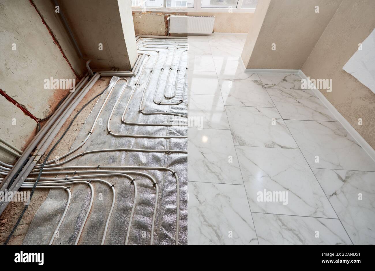 Comparison of old floor with heating pipes and new white marble flooring. Modern apartment before and after restoration or refurbishment. Concept of home renovation and restoration. Stock Photo