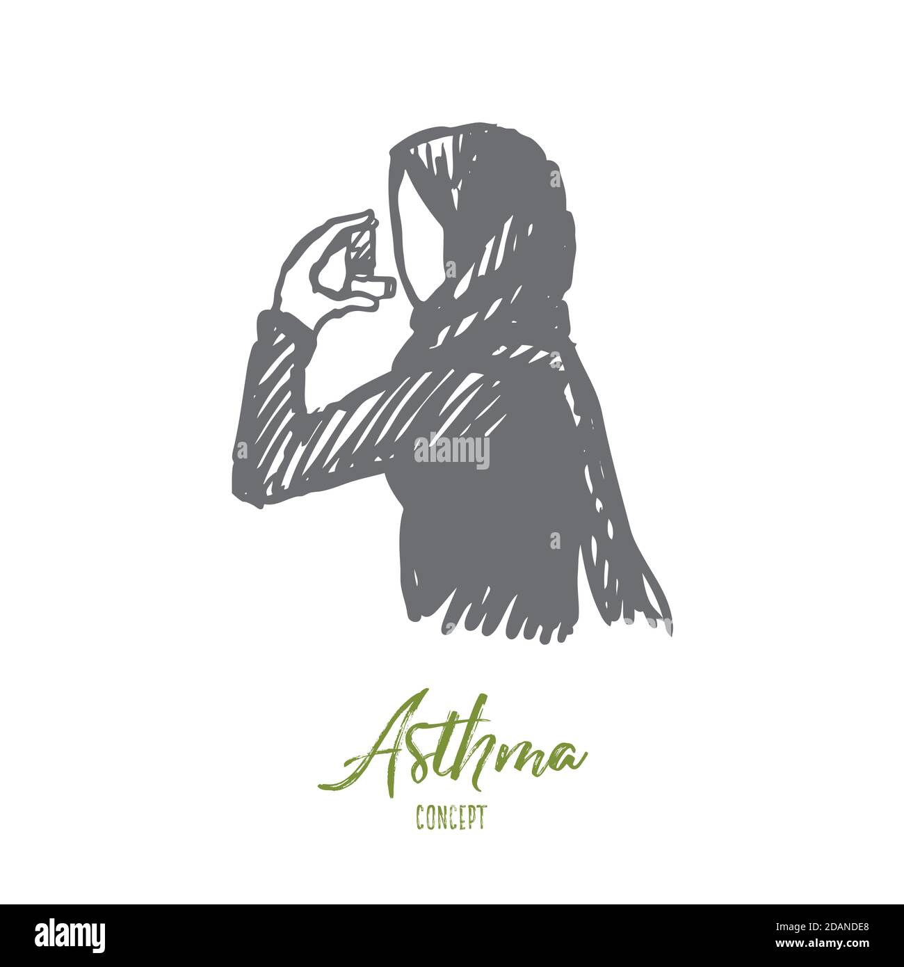 Asthma, inhaler, health, Islam, hijab concept. Hand drawn isolated