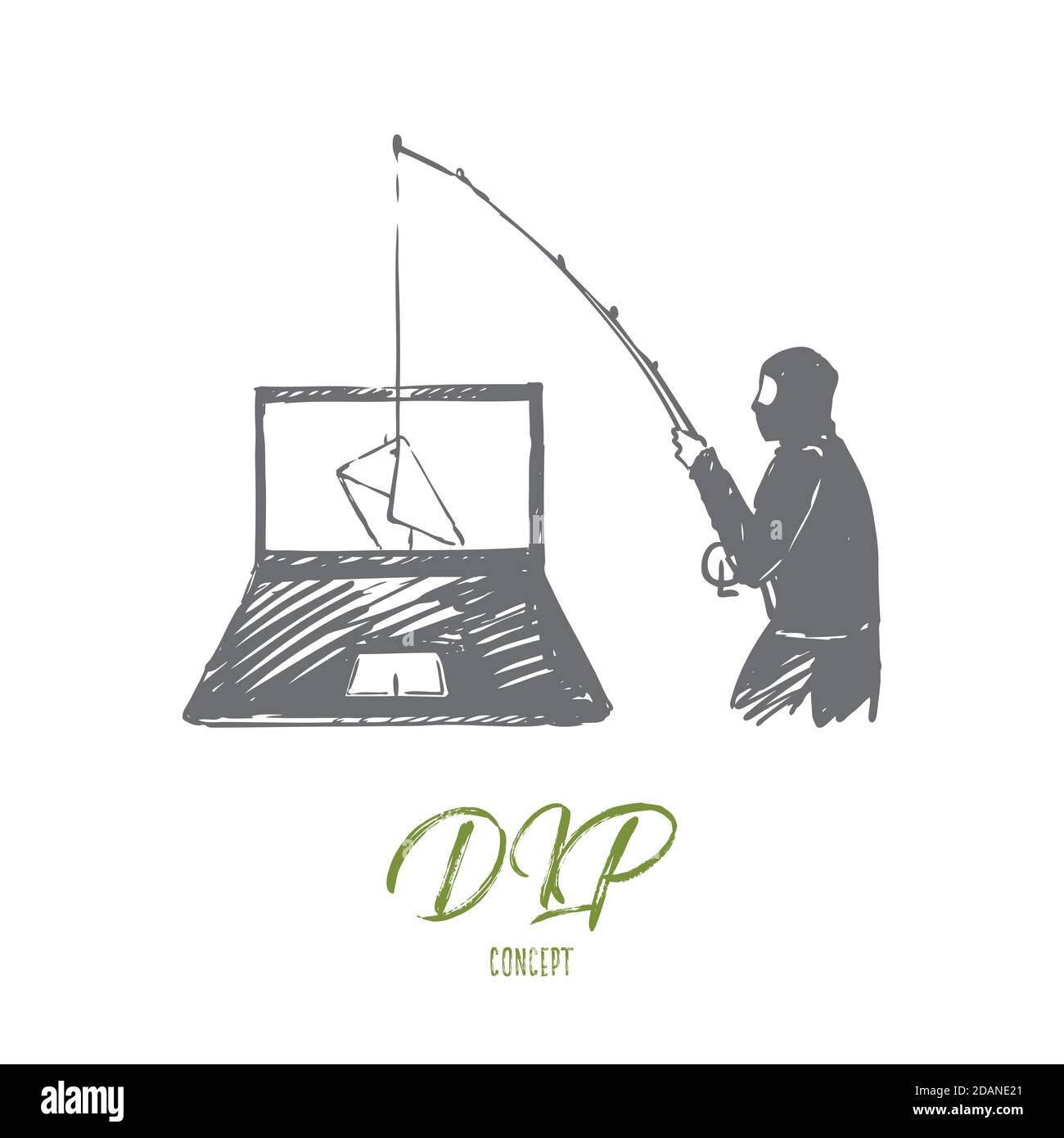 DLP, espionage, virus, penetration, dangers concept. Hand drawn isolated vector. Stock Vector