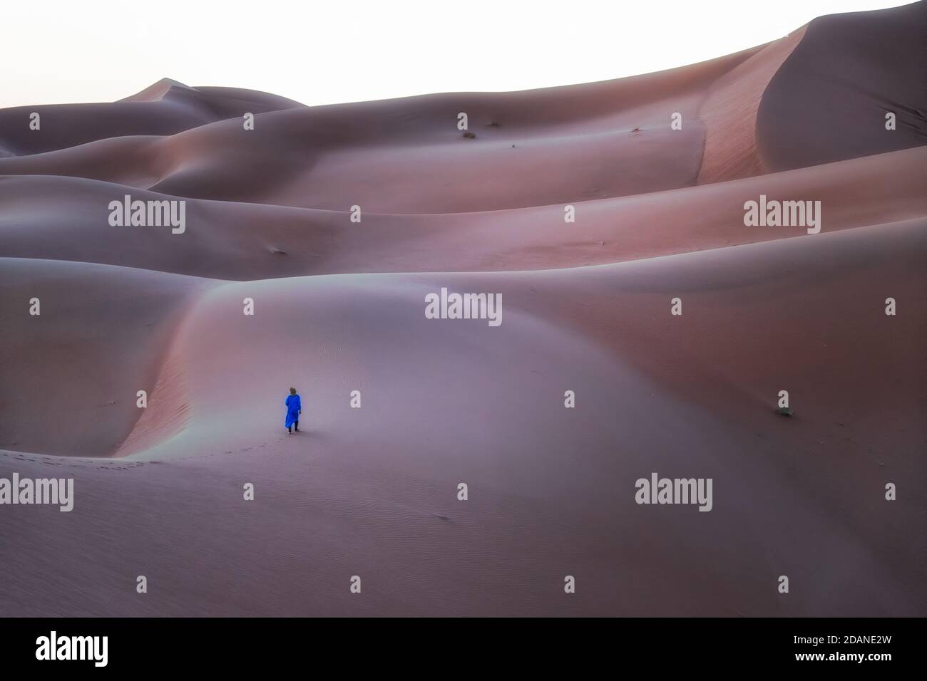 Unrecognizable Berber man walking on a dreamy desert at Twilight of dawn. Desert dune of Erg Chigaga, at the gates of the Sahara. Morocco. Concept of Stock Photo
