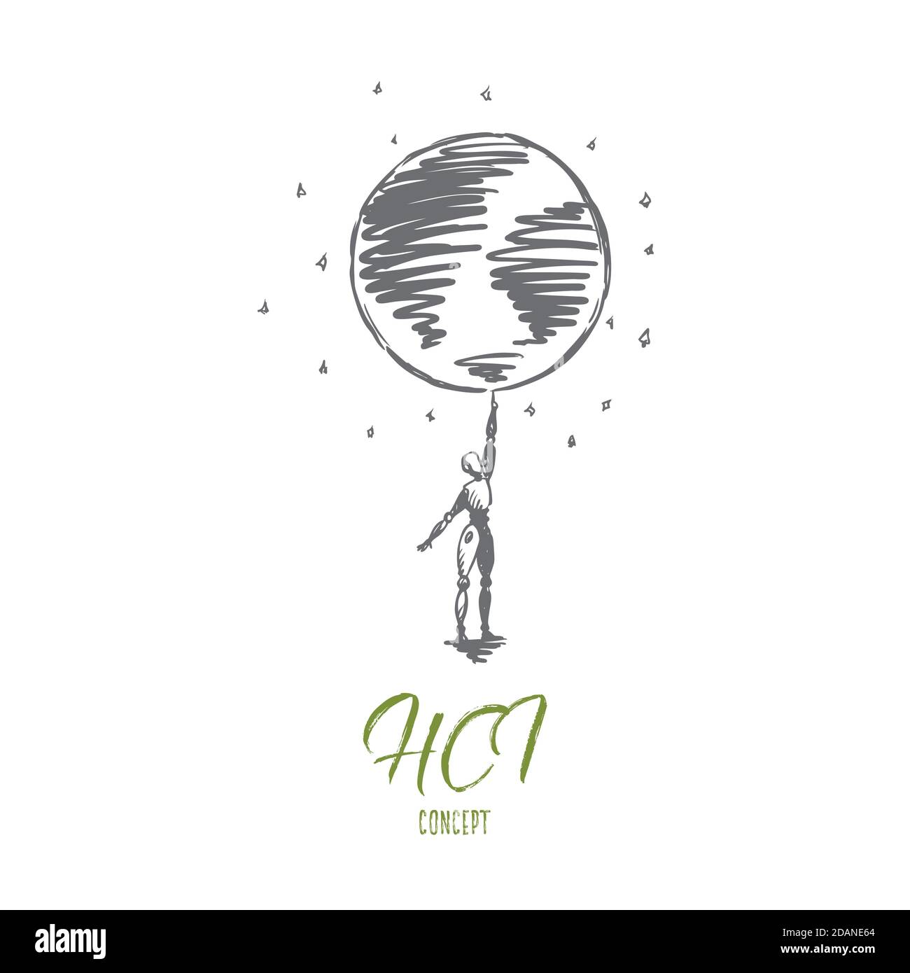HCI, automation, technology, globally, world, data concept. Hand drawn isolated vector. Stock Vector
