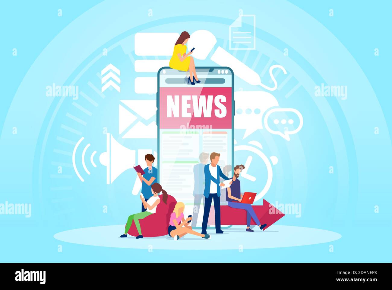 Vector of men and women are standing near a big smartphone using mobile phones and gadgets to read latest news. Stock Vector