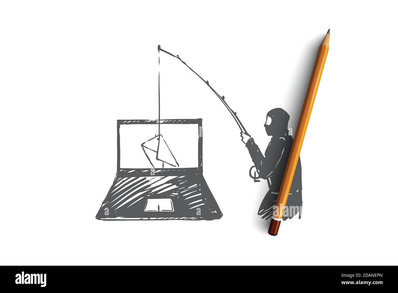 DLP, espionage, virus, penetration, dangers concept. Hand drawn isolated vector. Stock Vector