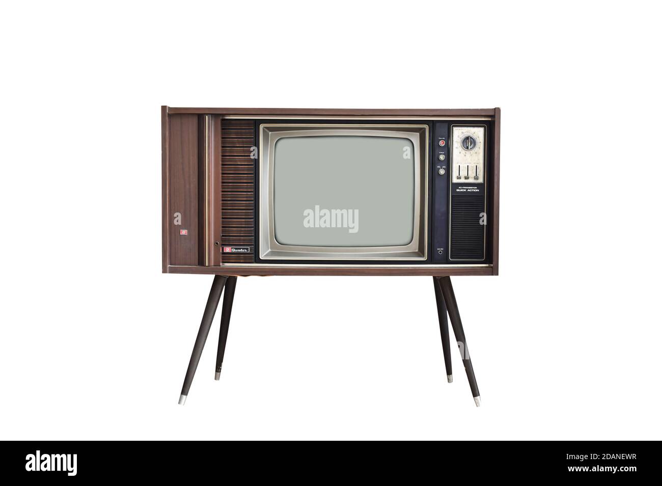 Old vintage TV isolated on white background. Classic television with wood case. Object with clipping path Stock Photo