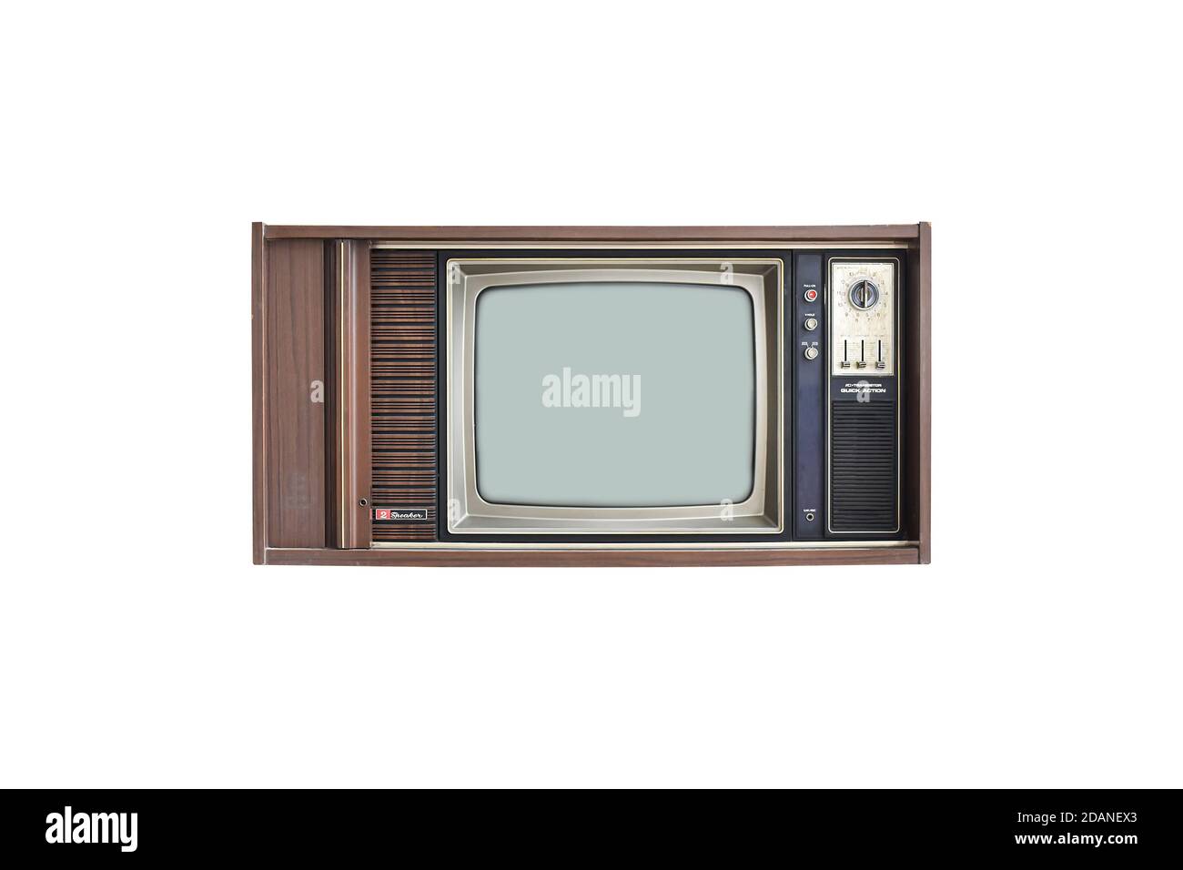 Old vintage TV isolated on white background. Classic television with wood case. Object with clipping path Stock Photo